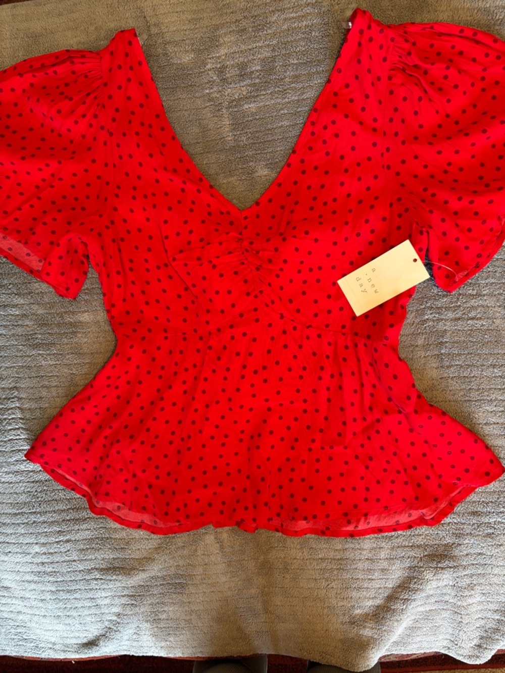 a new day Red Polka Dot V-Neck Peplum Blouse